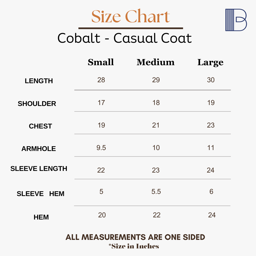 Cobalt - Casual Denim Coat — Size Chart 1